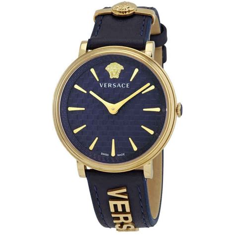 Versace V Circle Quartz Blue Dial Blue Leather Strap Watch For 